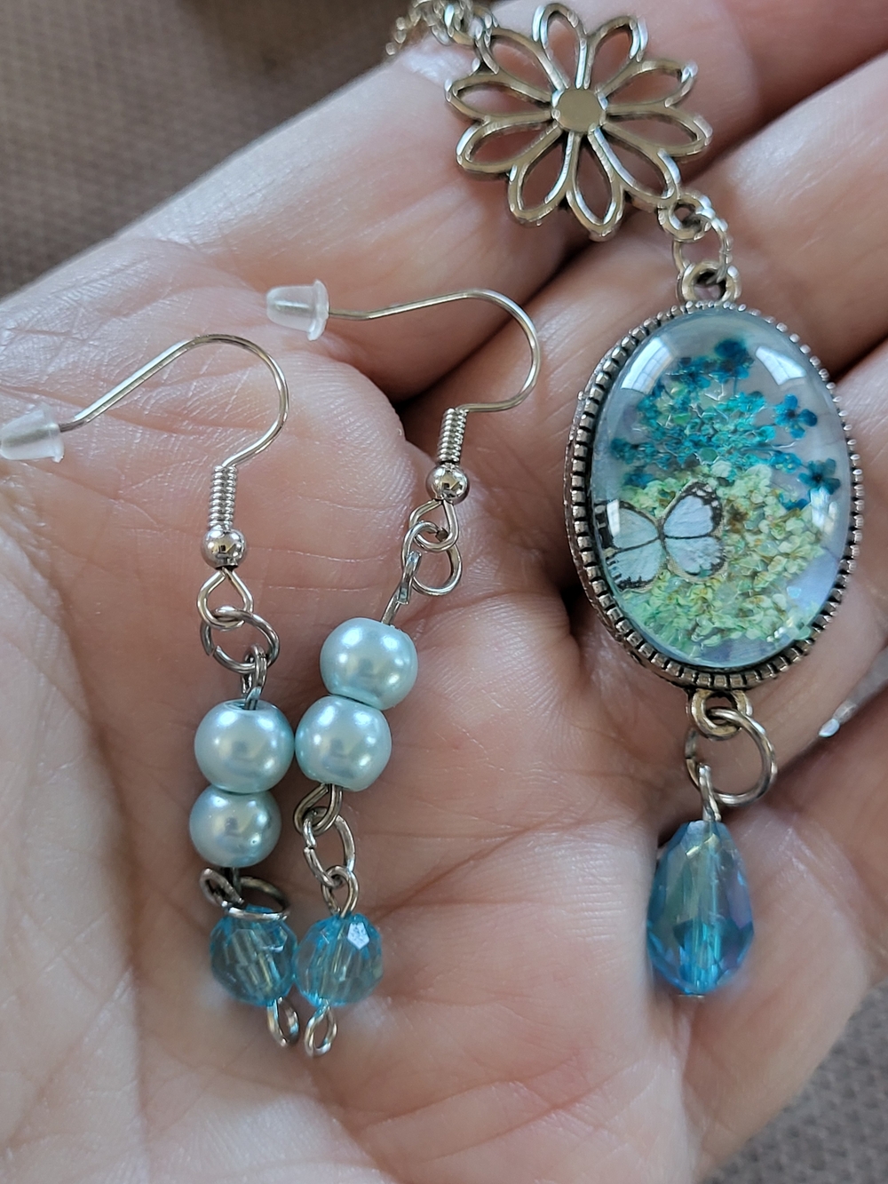 Victorian Style With A Summer Twist. Blue Butterfly Necklace And Earring Set